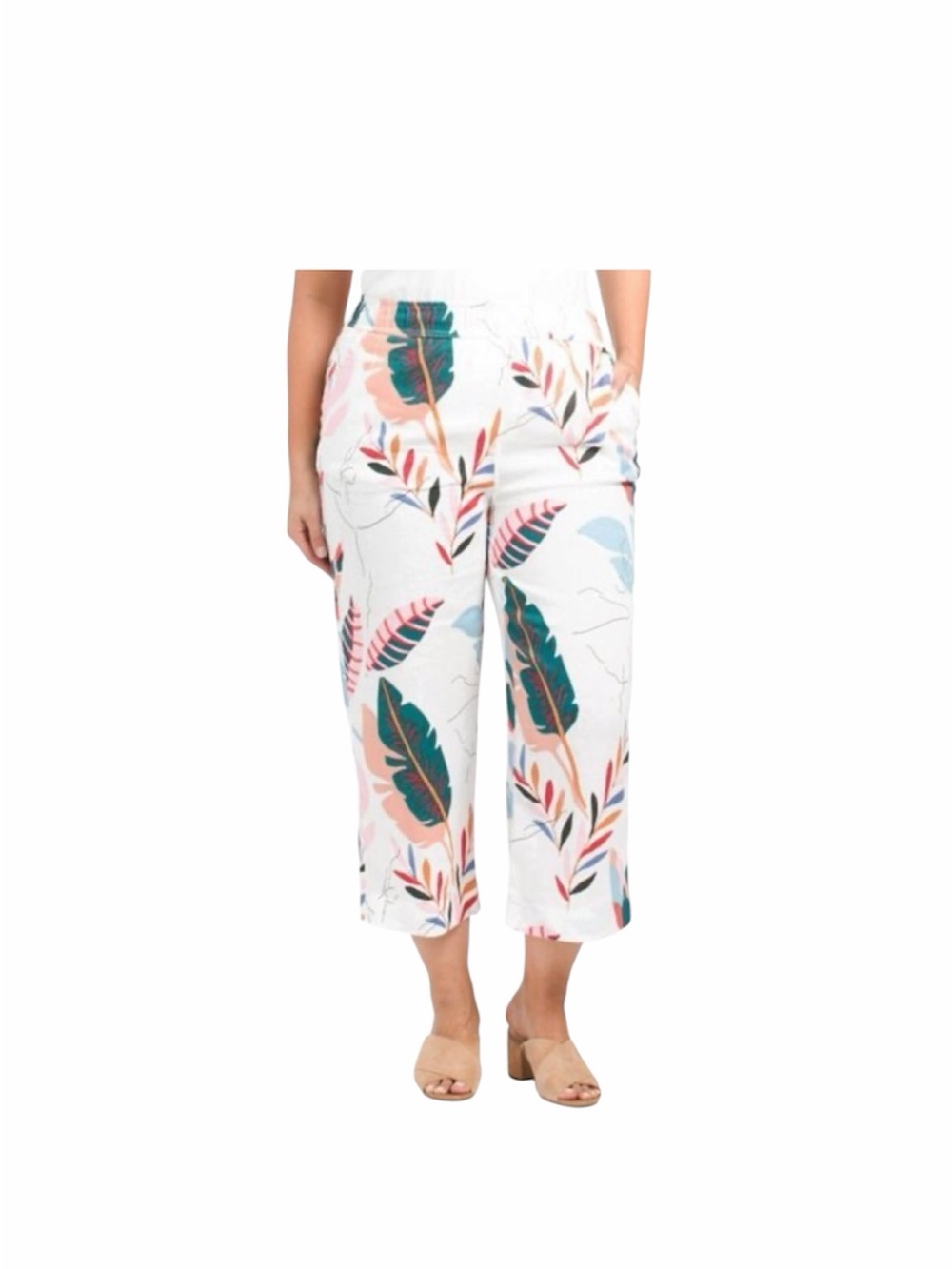 Cynthia Rowley linen cropped wide leg tropical foliage leaf pants size M